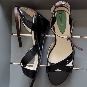 Fitzwell Women's 8.5W Black Patent Wedge Sandals Ankle Strap
